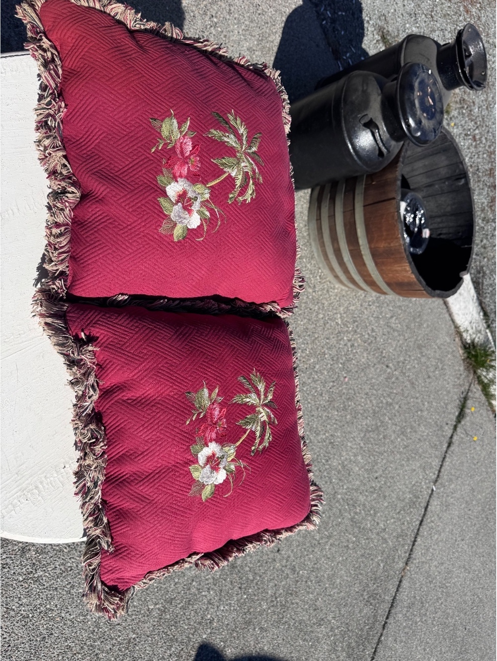 Set of 2 Burgundy Embroidered Floral Throw Pillows Tropical Fringe 15x14